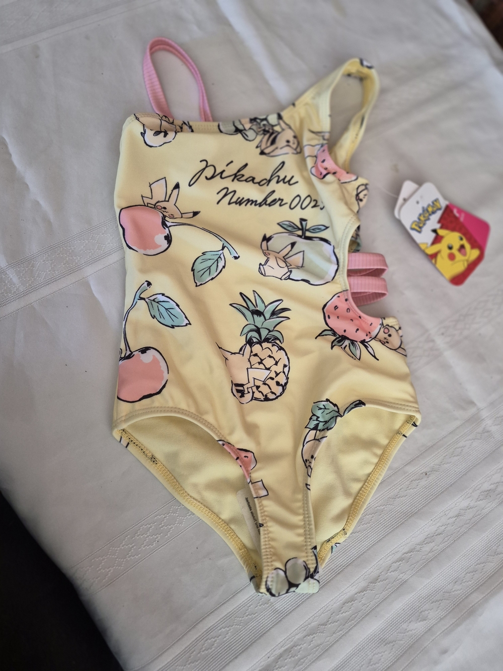 Pokemon Pikachu Yellow Fruit-Print Girls' One-Piece Swimsuit with Pink Straps